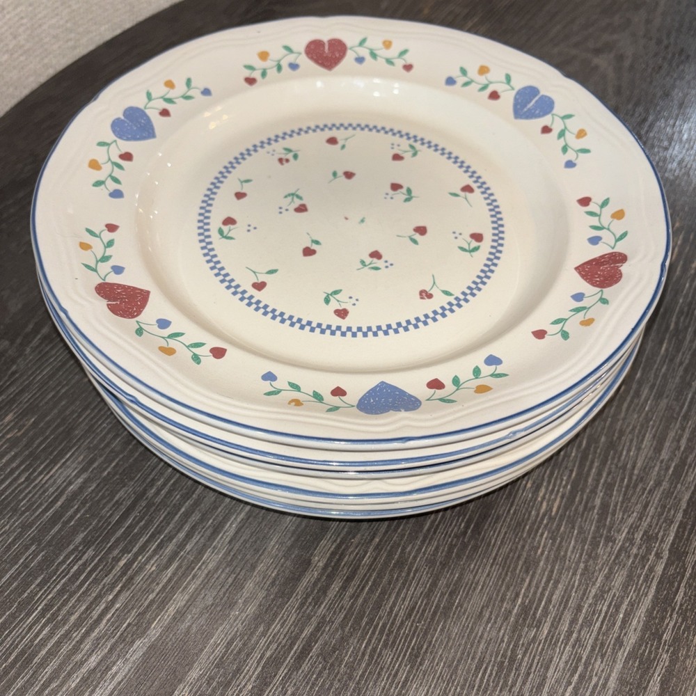 Newcor Legacy Hearts Dinner Plates Blue 10.5" Stoneware, Set of 6